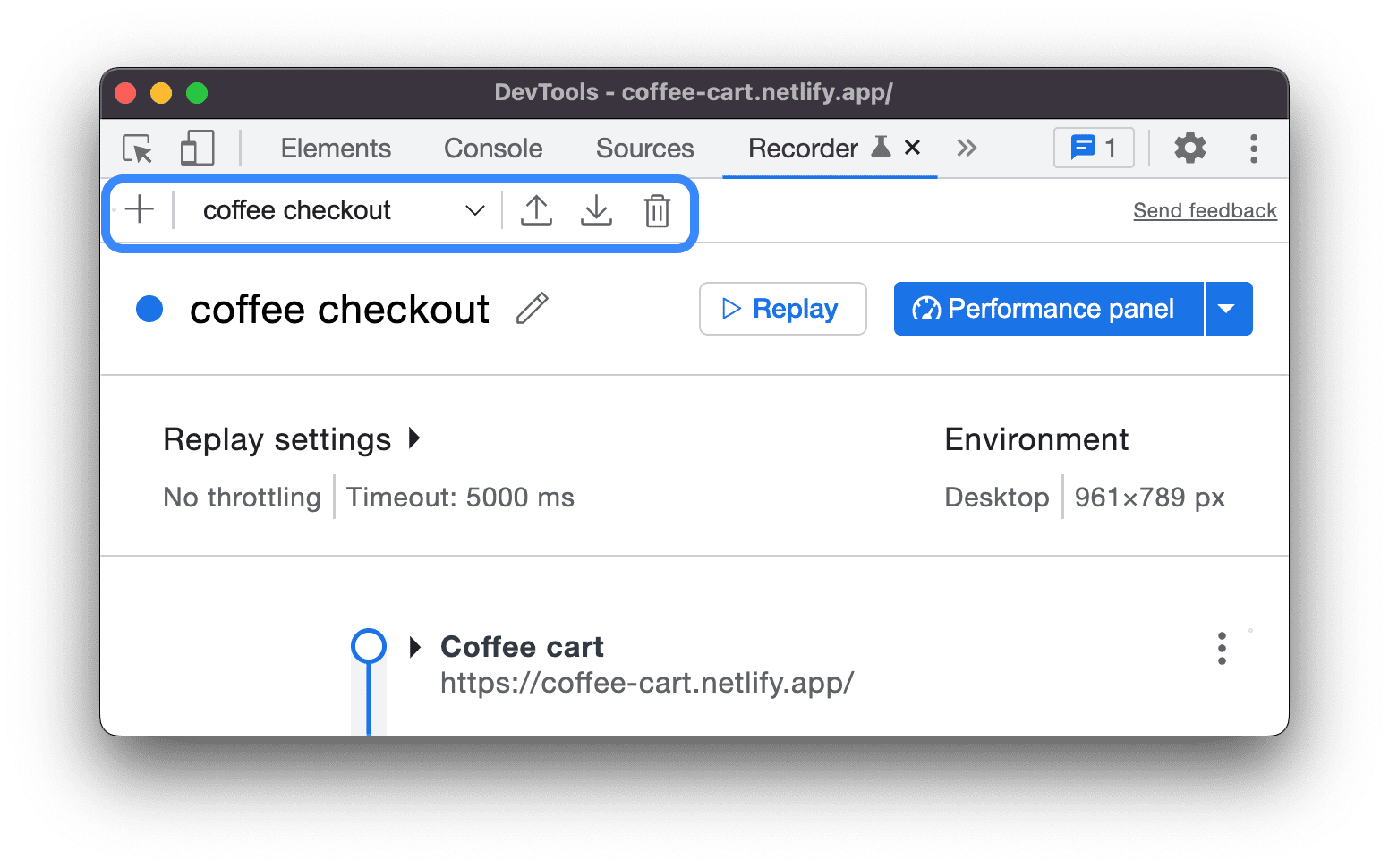 DevTools Recorder panel has a drop-down menu in the header which allows you to select a user flow to edit.