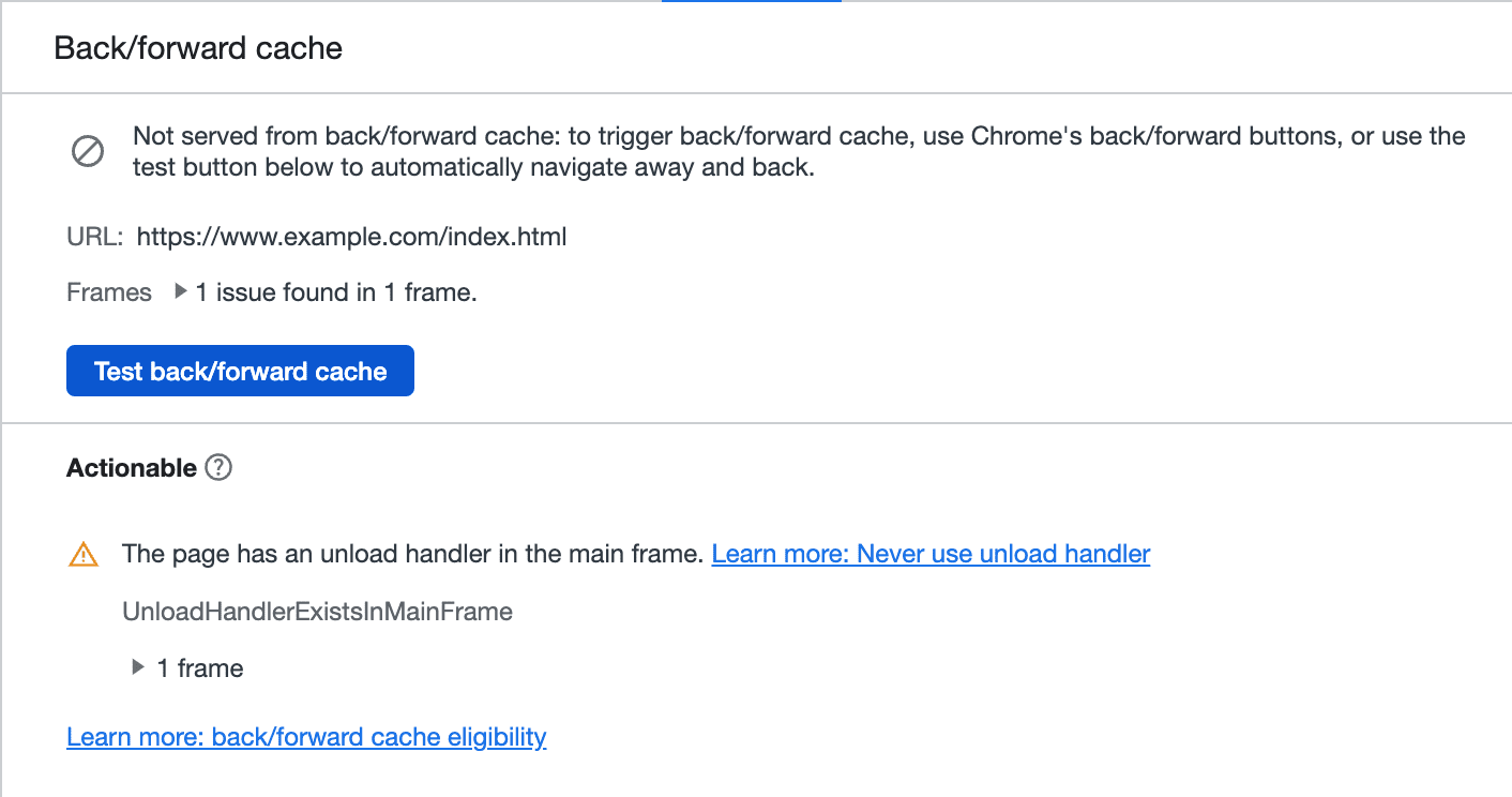 Chrome DevTools Back/forward cache testing tool showing an unload handler was used
