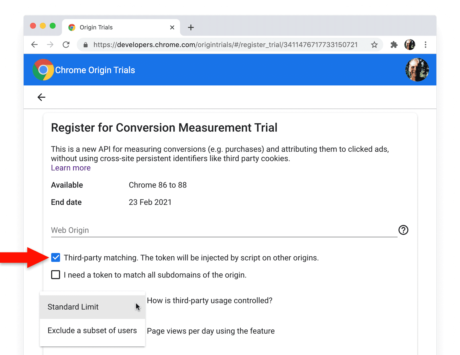 Chrome origin trials registration page for the Conversion Measurement API, with third-party matching checkbox selected.