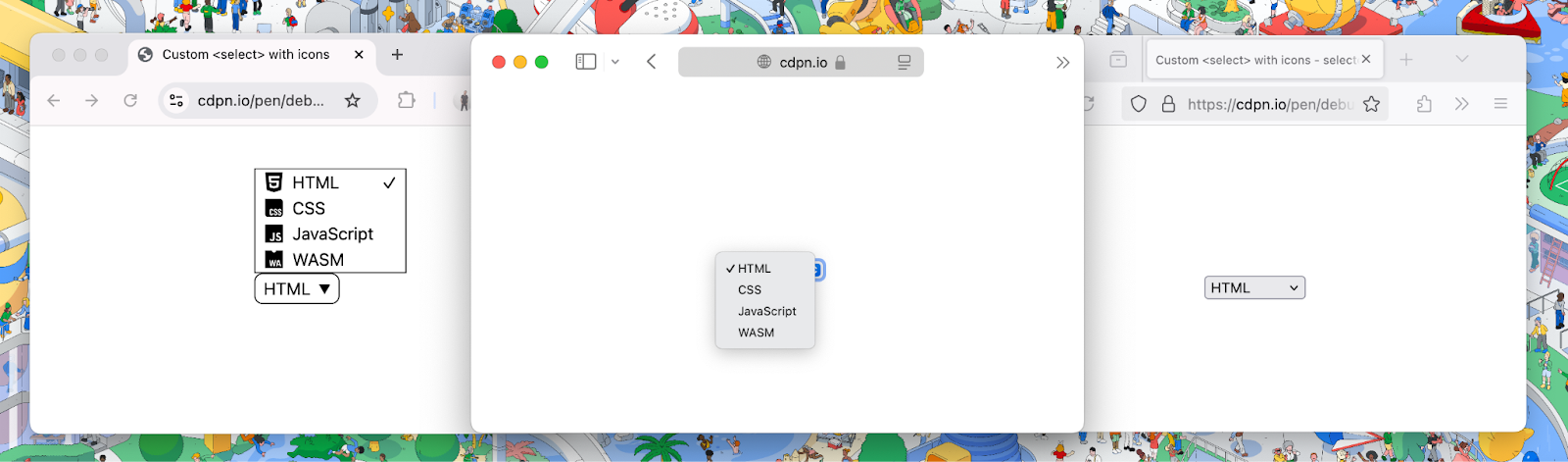 דפדפני Chrome, ‏ Safari ו-Firefox מציגים רכיב select עם SVG בתוכו. ב-Chrome התמונות מוצגות, וב-Safari וב-Firefox הן מוצגות כאילו לא היו תמונות.