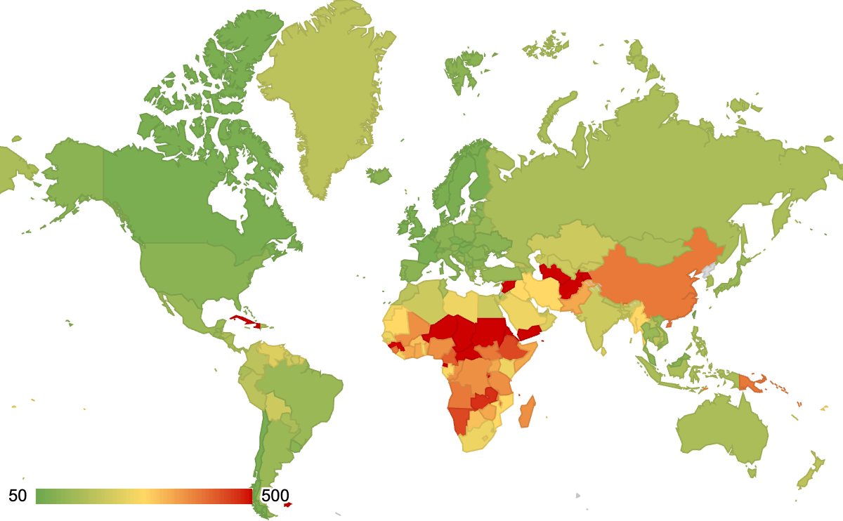 Visualisation du délai avant réponse par pays, la plupart des pays étant représentés par différentes nuances de vert, à l'exception de l'Afrique subsaharienne, de certaines régions du Moyen-Orient et d'Asie centrale, et de la Chine, qui sont représentés par des tons de jaune, d'orange et de rouge.