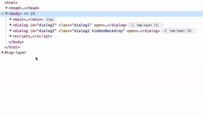 GIF of DevTools top layer support being demonstrated