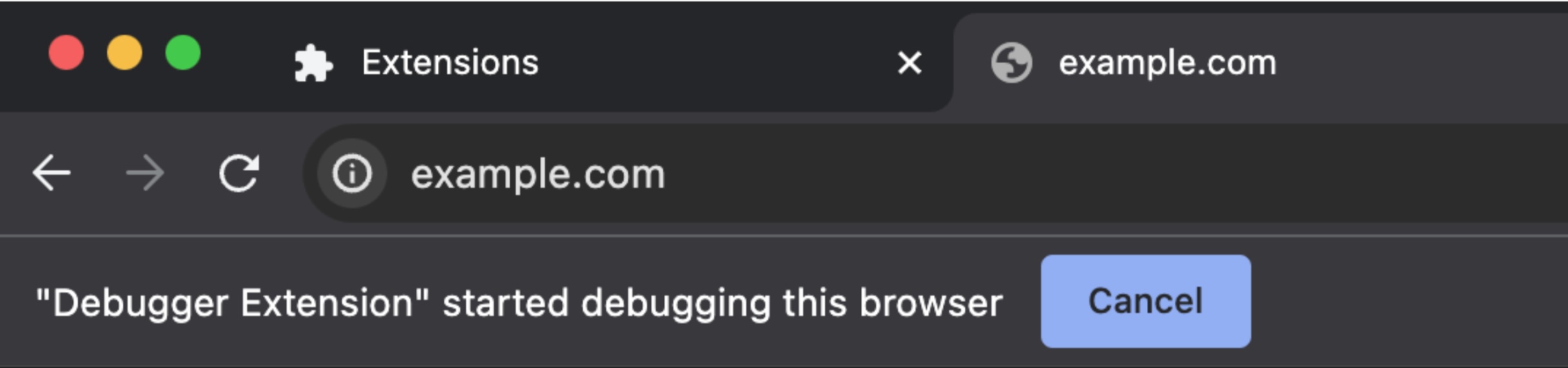 Screenshot della barra degli indirizzi di Chrome con il messaggio &quot;L&#39;estensione debugger ha avviato il debug di questo browser&quot;