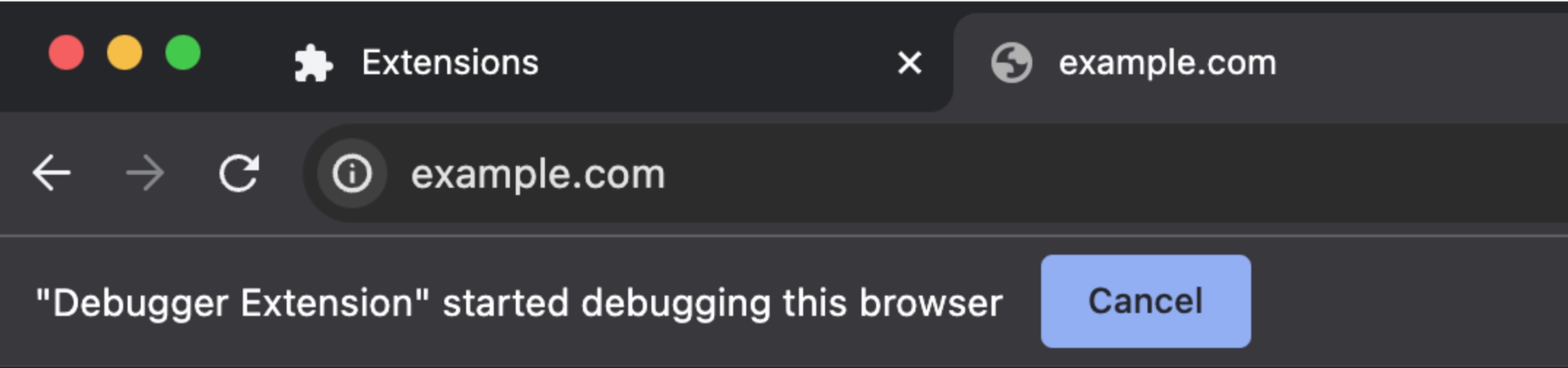'디버거 확장 프로그램이 이 브라우저 디버깅을 시작했습니다'라는 메시지가 표시된 Chrome의 주소 표시줄 스크린샷
