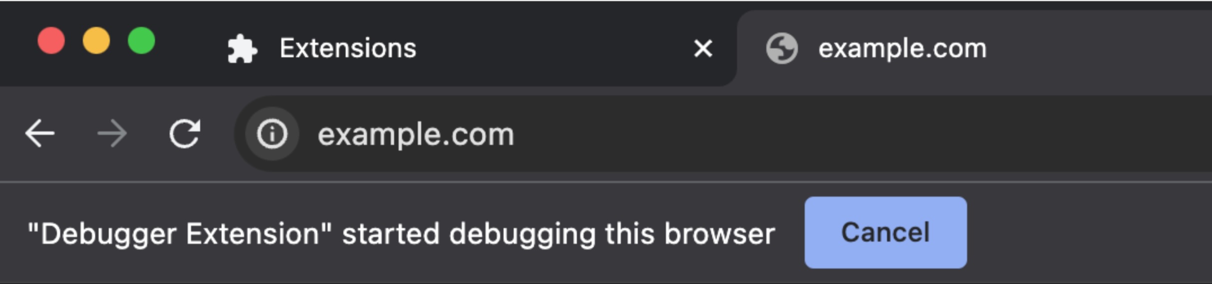 Screenshot of the address bar in Chrome that has the message 'Debugger Extension started debugging this browser'