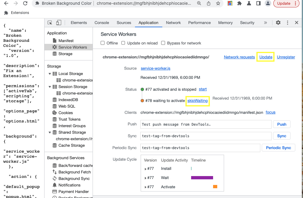 Service worker status in the Application panel