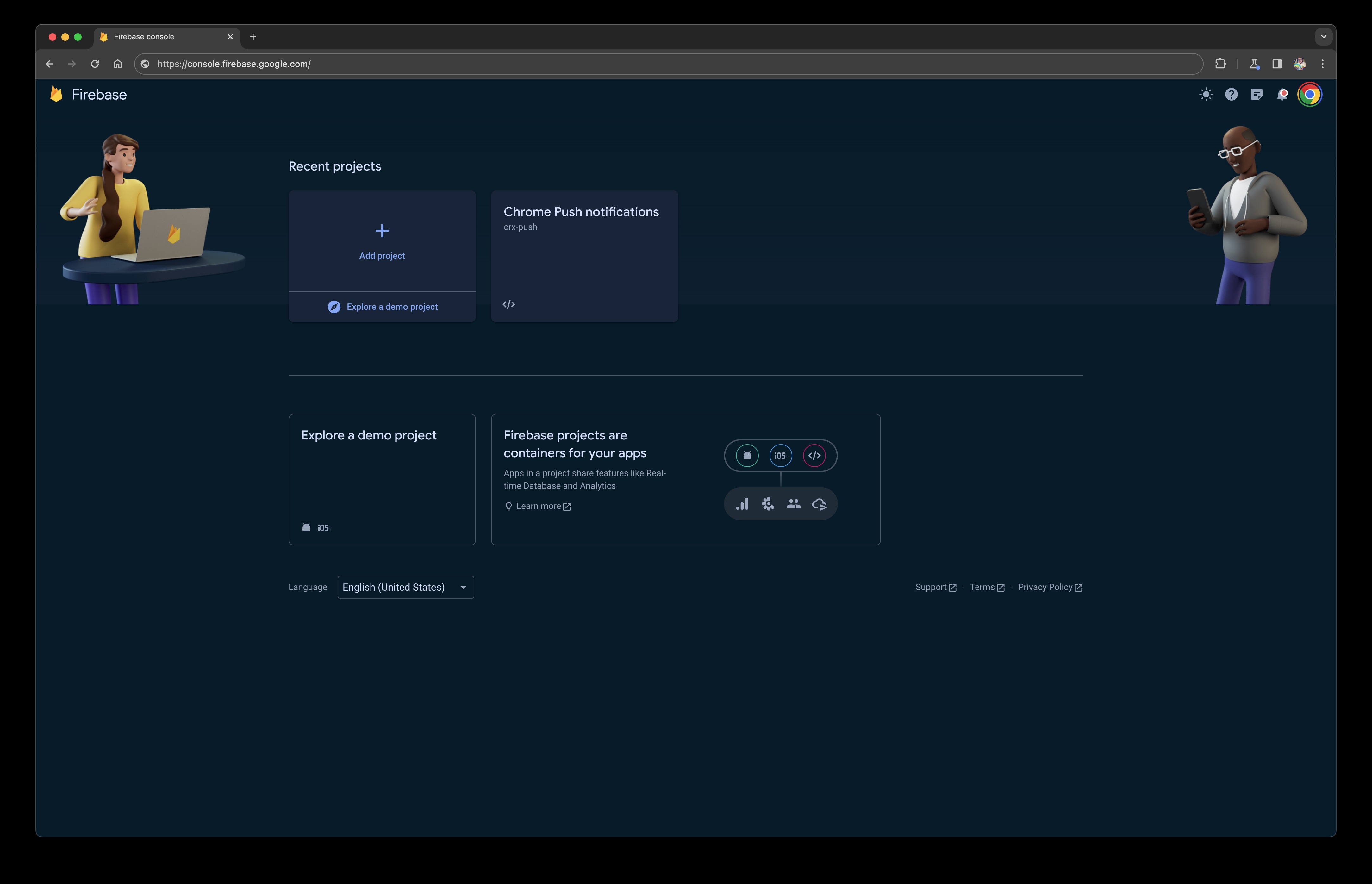 Screenshot der Projekteinträge in der Firebase Console