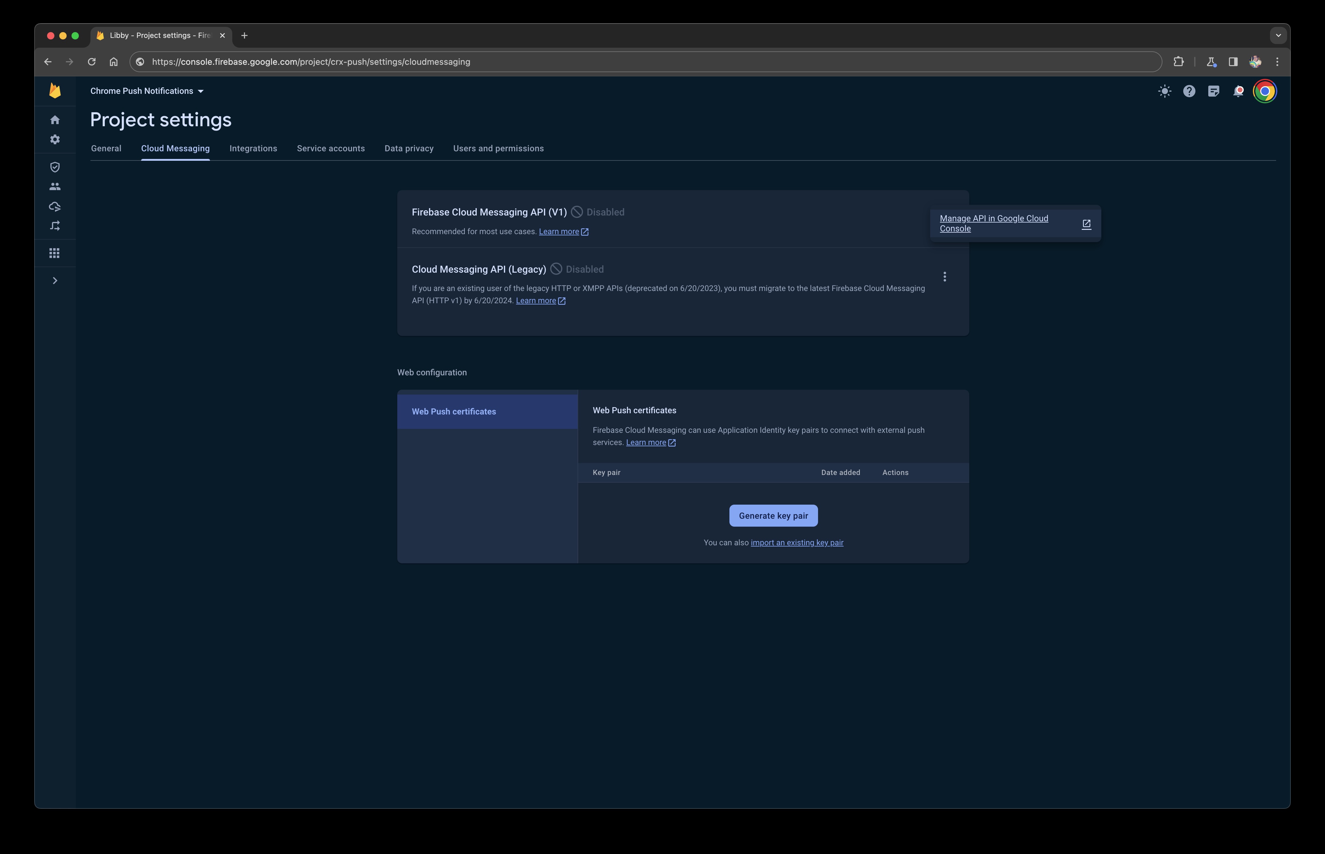 Google Cloud&#39;da Firebase Messaging API&#39;yi etkinleştirme bağlantısının bulunduğu konumun ekran görüntüsü.