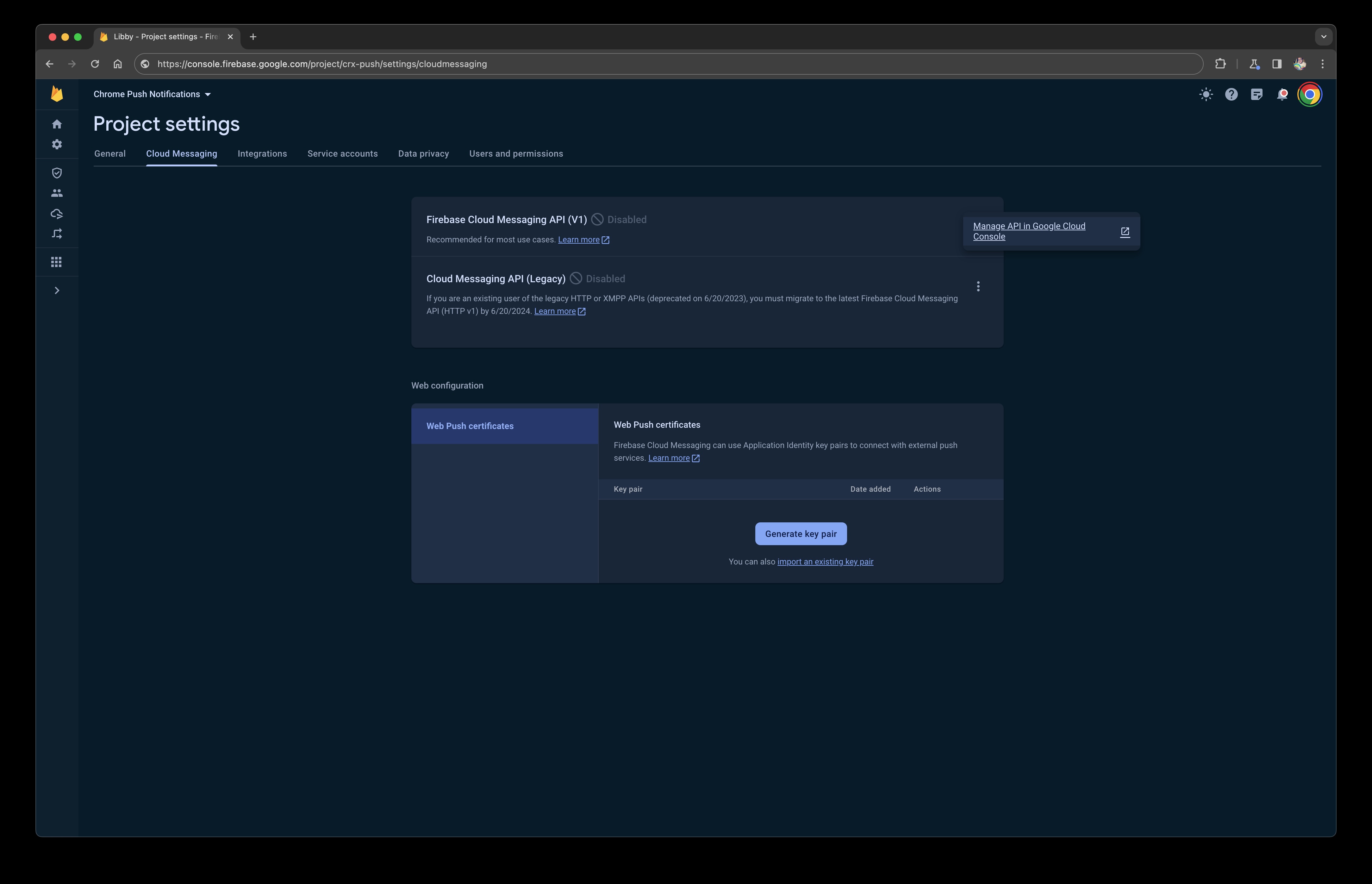 Скриншот расположения ссылки для включения Firebase Messaging API в Google Cloud.
