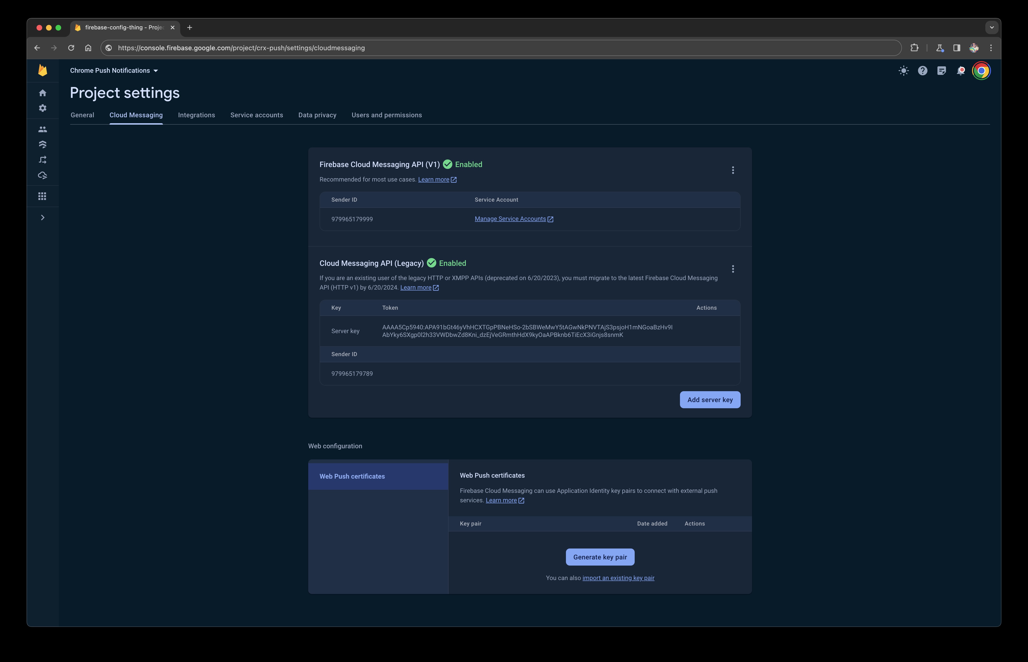 لقطة شاشة لصفحة إعدادات "المراسلة عبر السحابة الإلكترونية من Firebase".