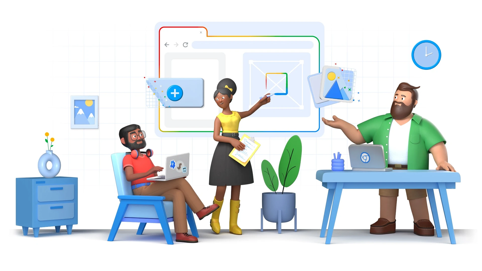 Una renderización al estilo de una caricatura de un conjunto diverso de personas que construyen un sitio web en una pizarra