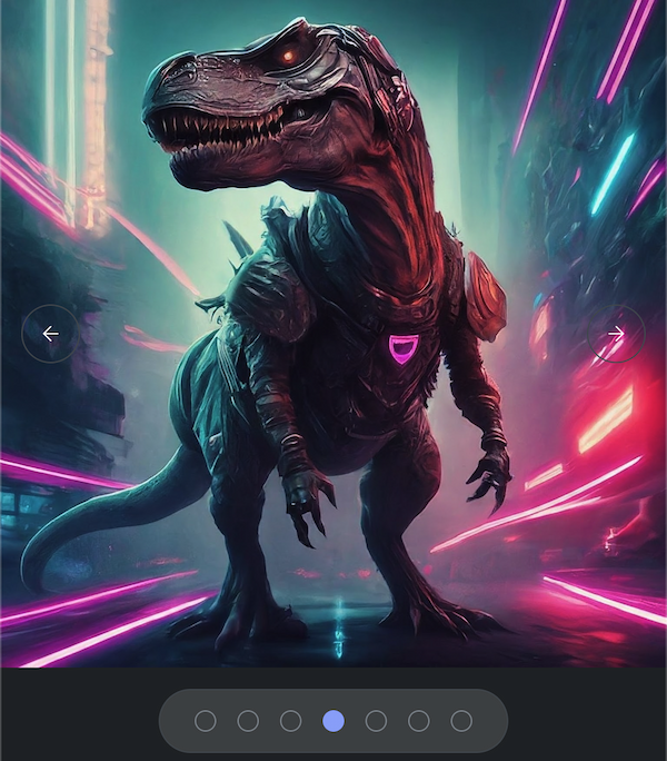Carrusel con un elemento en la pantalla y marcadores para seleccionar otros elementos.