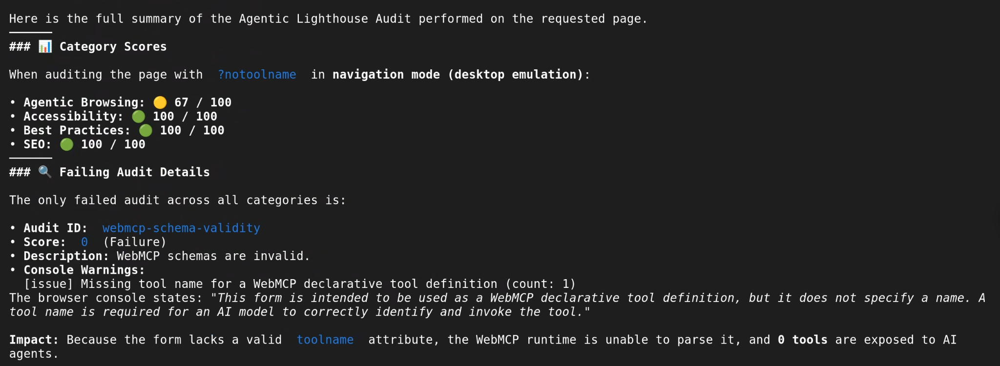 Lighthouse audit in Chrome DevTools for Agents
