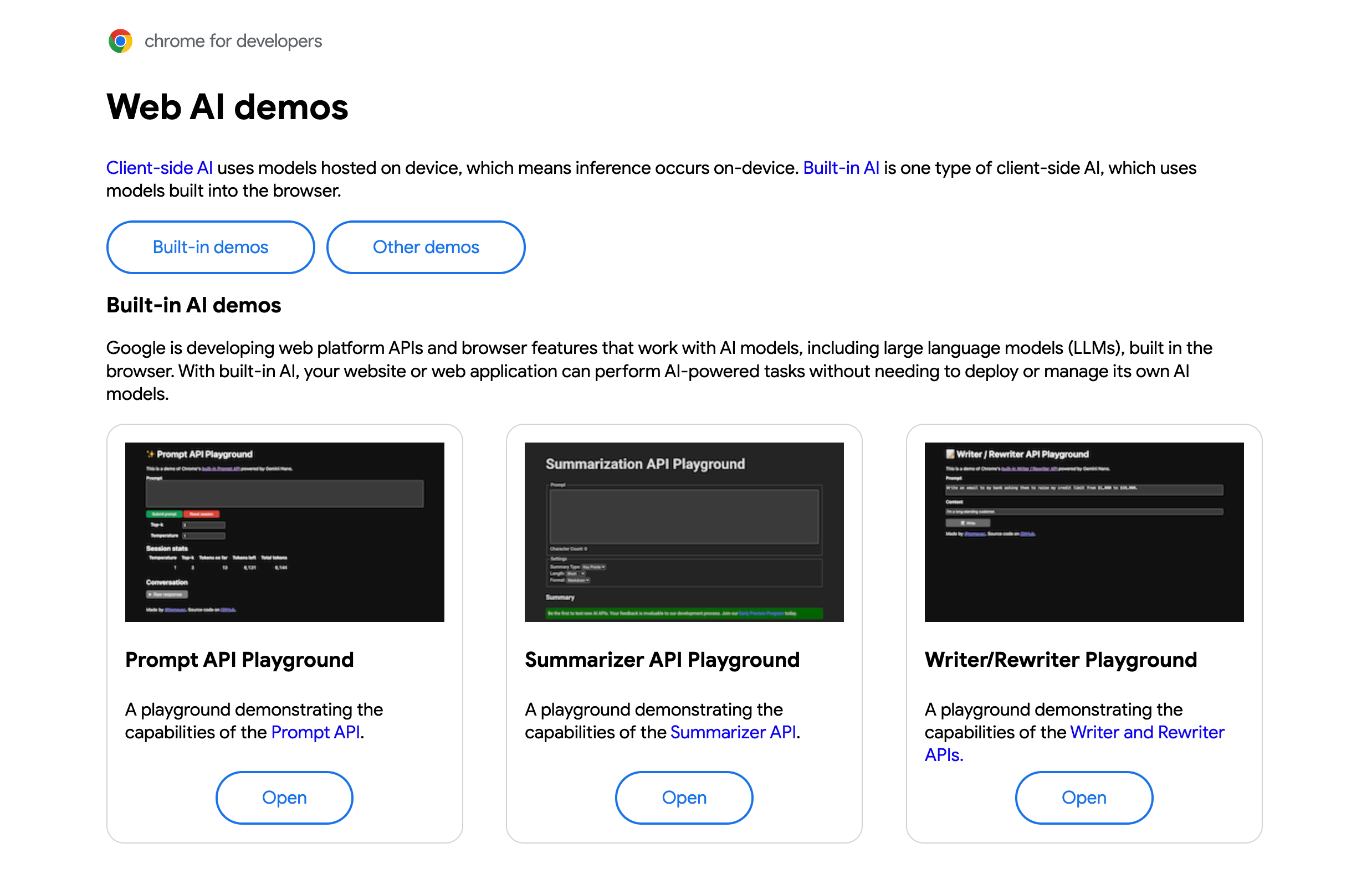 The web AI demos site offers built-in and other AI demos.