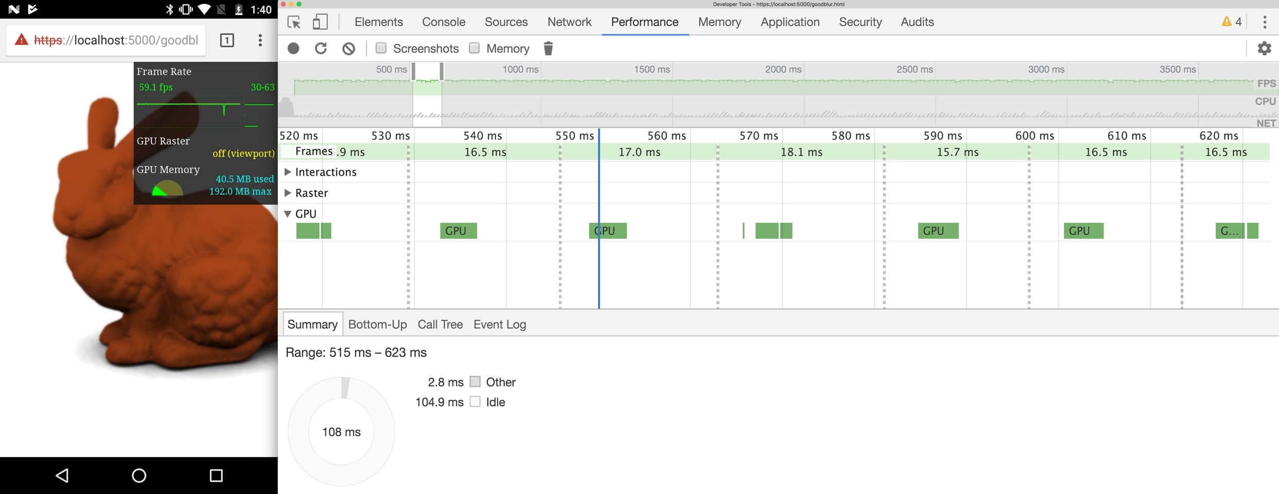 DevTools toont een spoor waarbij de GPU veel inactieve tijd heeft.