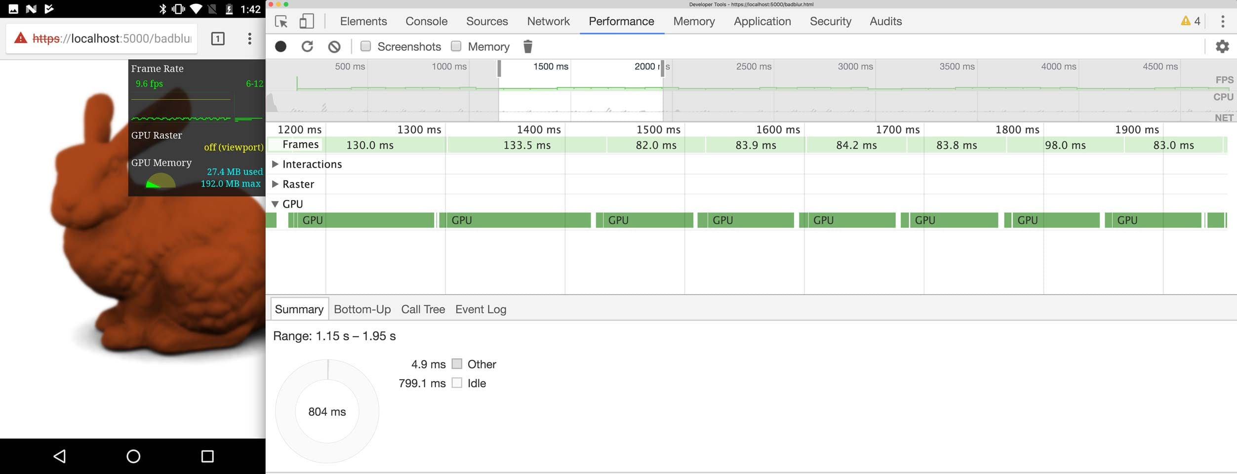 DevTools একটি ট্রেস দেখায় যেখানে GPU-এর দীর্ঘ সময় ব্যস্ত থাকে।