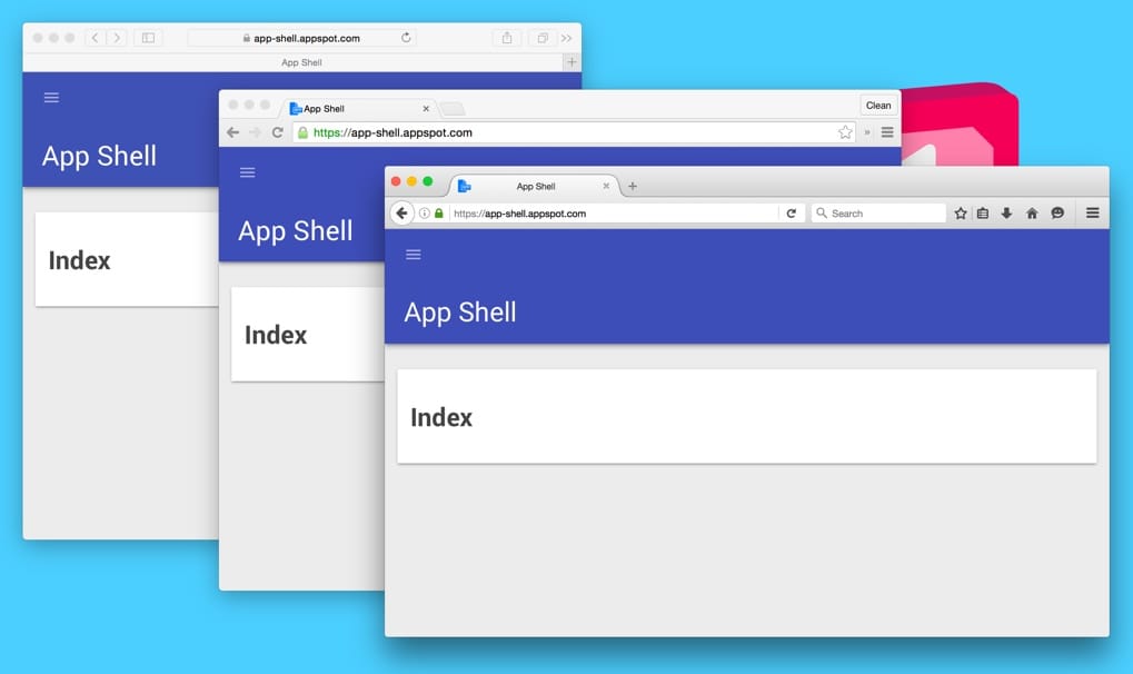 Gambar Application Shell yang dimuat di Safari, Chrome, dan Firefox