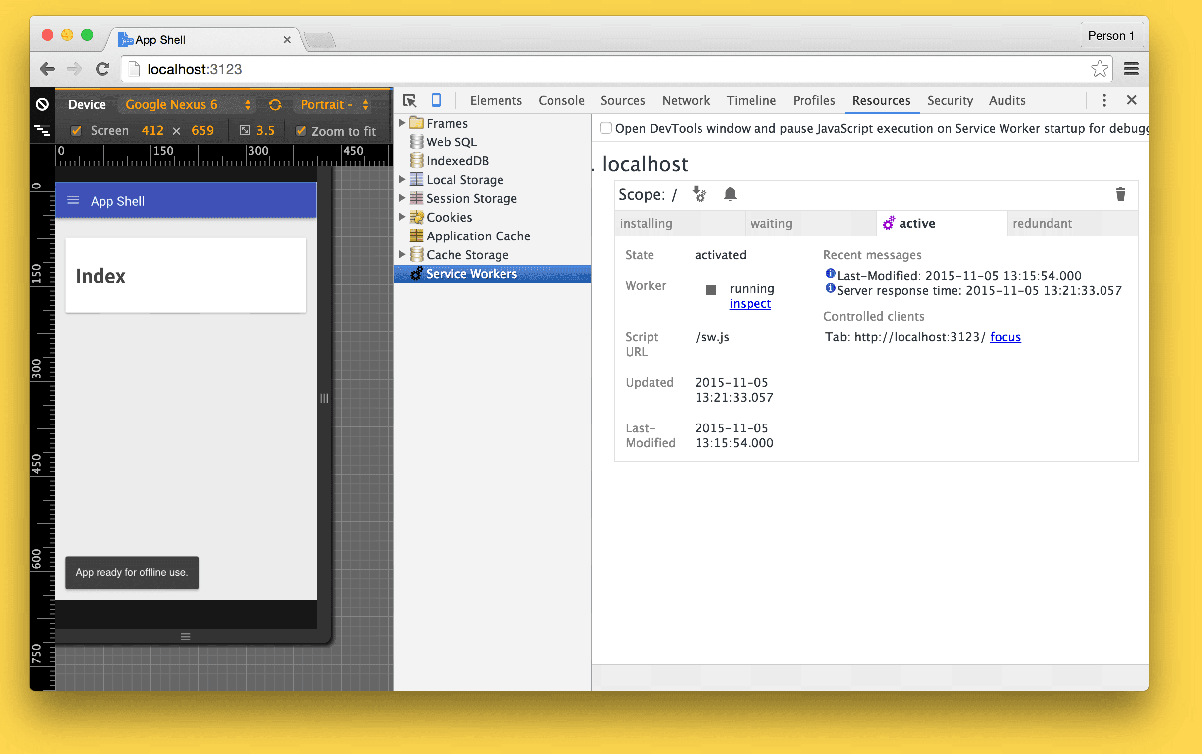 Hình ảnh của worker dịch vụ đang chạy trong DevTools cho vỏ ứng dụng