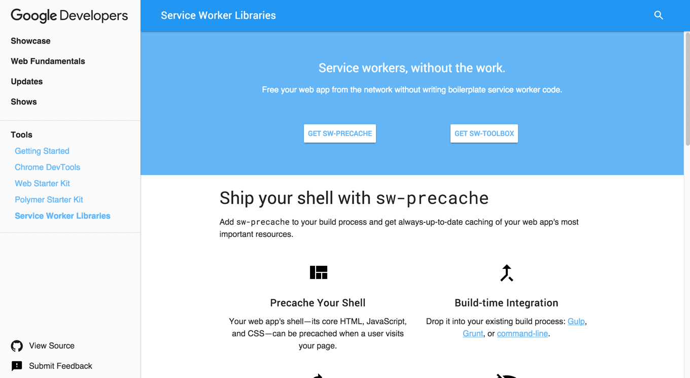 Screenshot of the Service Worker Library Site on Web Fundamentals