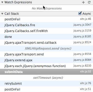 An example of using watch expressions with aysnc call stacks