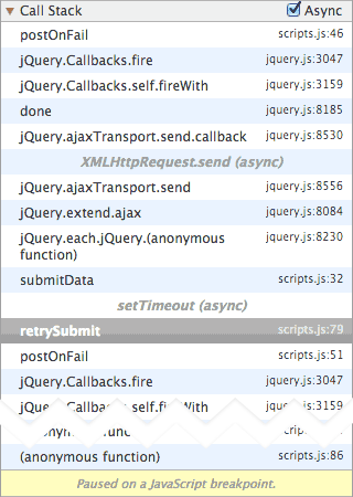 ชุดเบรกพอยท์อีกชุดหนึ่งในตัวอย่างจำลองของ Gmail ที่มีสแต็กการเรียกใช้แบบไม่พร้อมกัน