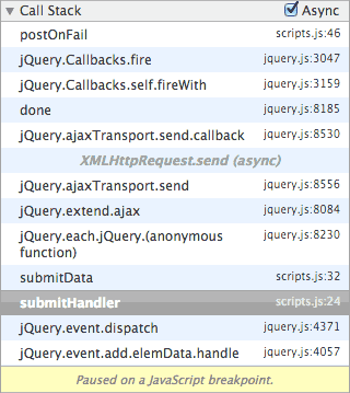 Punkt przerwania ustawiony w przykładowej wersji Gmaila z asynchronicznymi stosami wywołań.