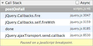 Breakpoint set in mock Gmail example without async call stacks.