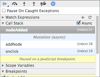 Breakpoint set in mutationObserver example with async call stacks.