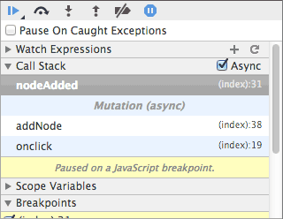 Haltepunkt im mutationObserver-Beispiel mit asynchronen Aufrufstacks festgelegt