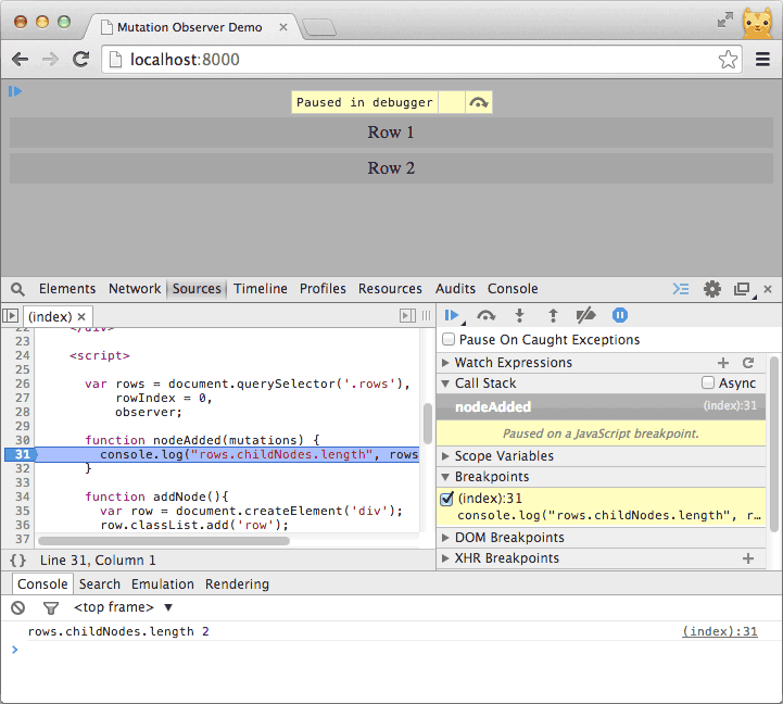 Breakpoint set in mutationObserver example without async call stacks.