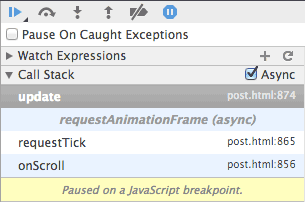 Haltepunkt in requestAnimationFrame-Beispiel mit asynchronen Aufrufstacks festgelegt