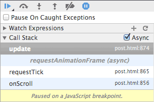 נקודת העצירה (breakpoint) מוגדרת בדוגמה requestAnimationFrame עם מקבצים של קריאות אסינכרוניות