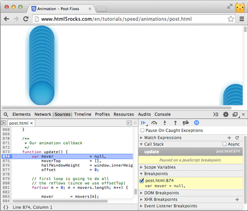 Punto di interruzione impostato nell&#39;esempio requestAnimationFrame senza stack di chiamate asincroni.