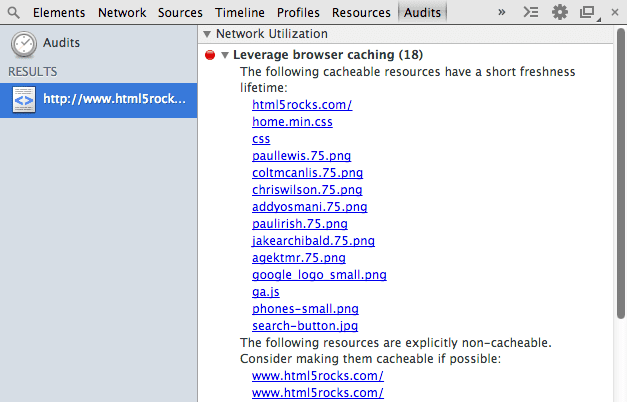 Im Bereich „Audits“ finden Sie Empfehlungen für Leistungsverbesserungen.