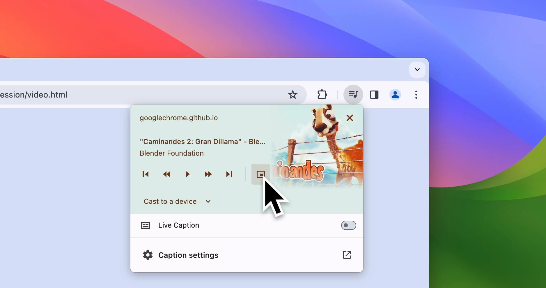 Chrome 瀏覽器中媒體控制項的螢幕截圖，遊標顯示在子母畫面使用者控制項上。