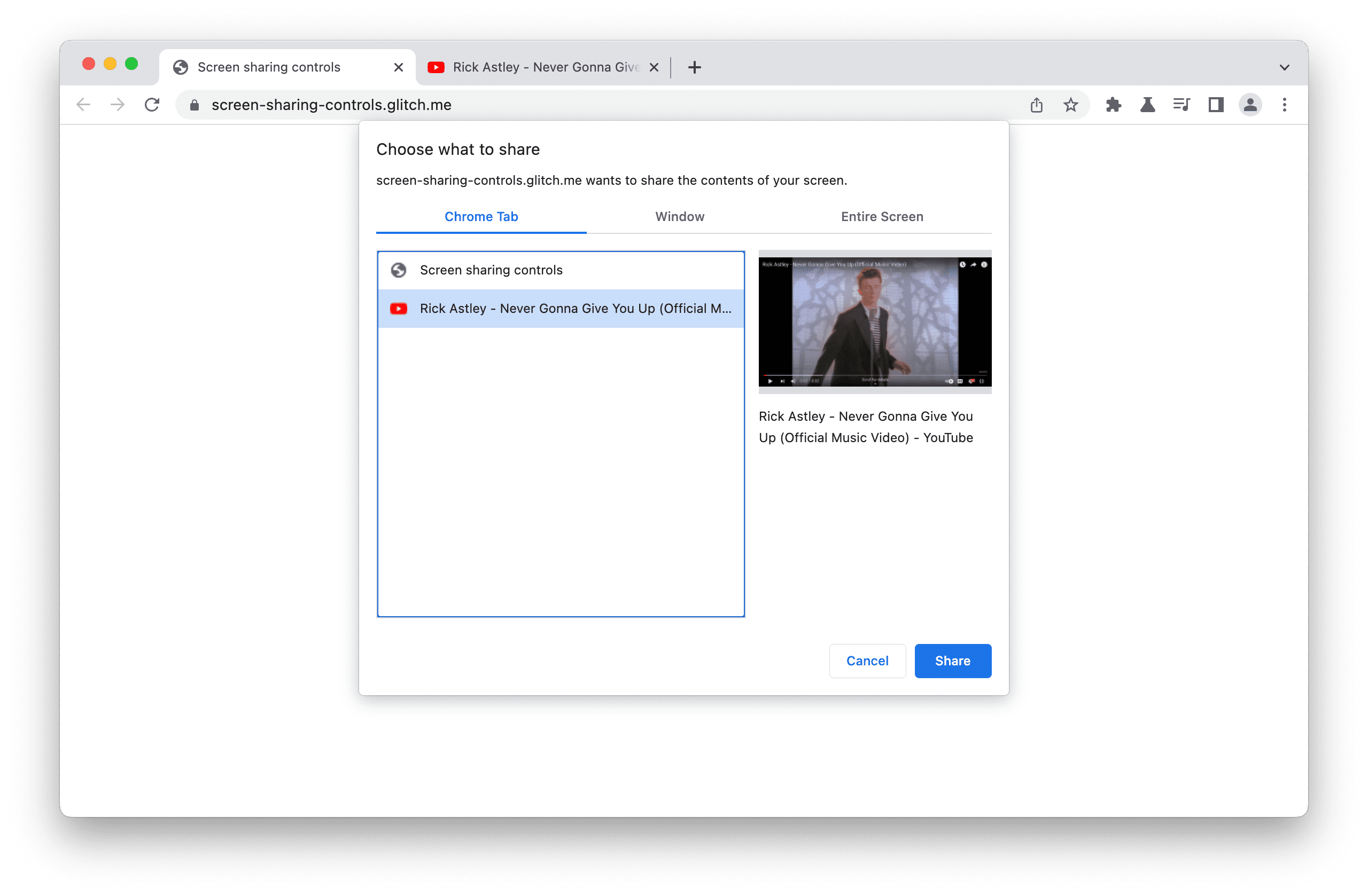 اسکرین شات درخواست انتخابگر رسانه هنگام فراخوانی getDisplayMedia().