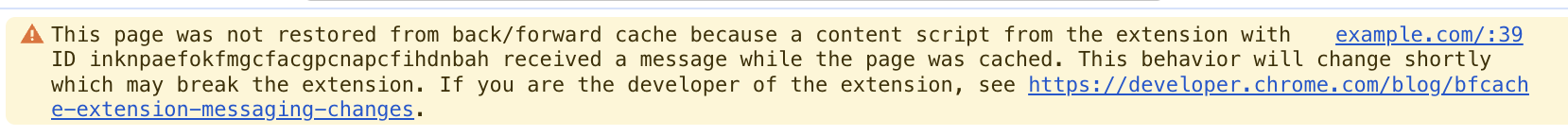 Warning shown when a page is not restored from BFCache.