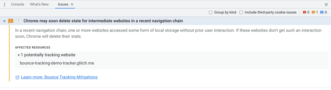 Скриншот проблемы в инструментах разработчика, указывающей на то, что файл bounce-tracking-demo-tracker.glitch.me находится под угрозой удаления.