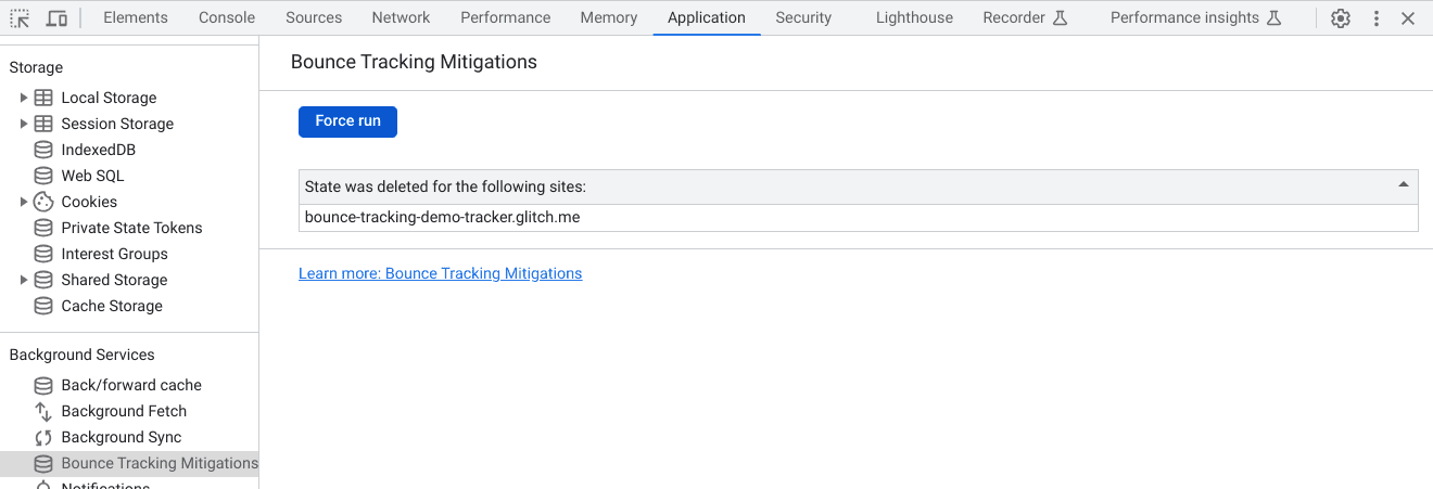 A screenshot of the devtools application tab with the bounce tracking mitigations panel selected.  The panel shows that the force run operation has been used and storage has been deleted for the demo site.