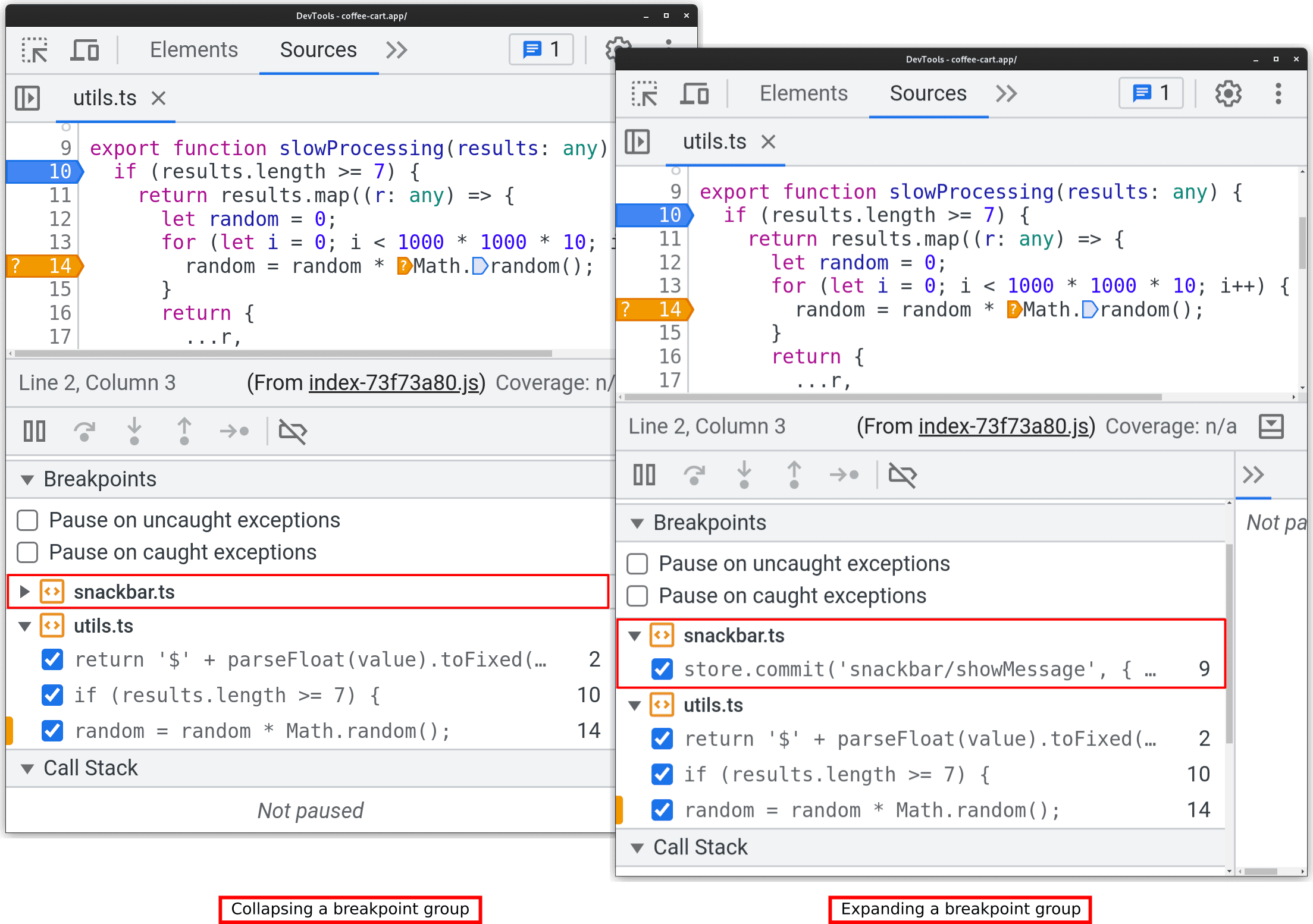 Collapse and expand breakpoint groups.