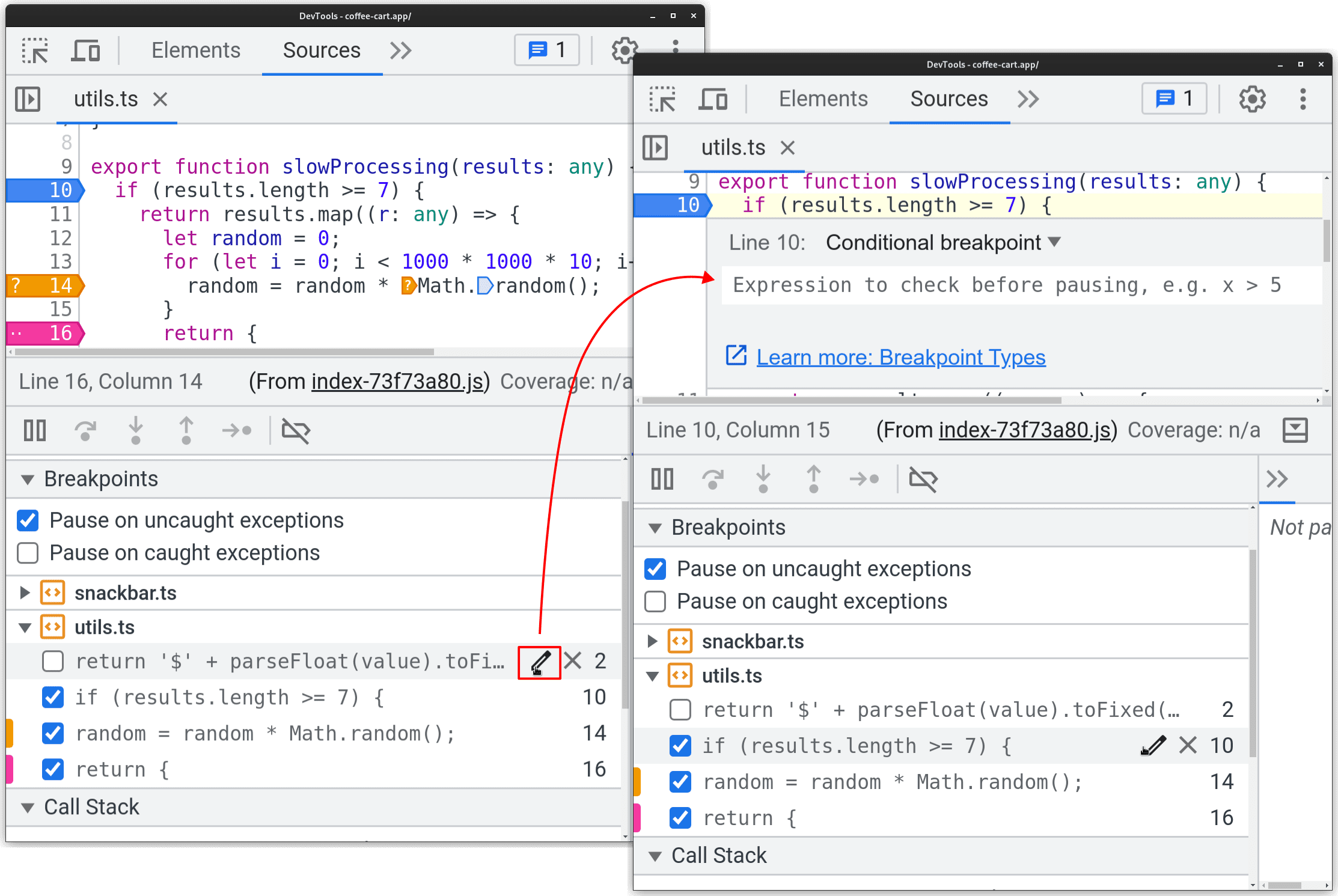 Edit breakpoint conditions or change logpoint logs.