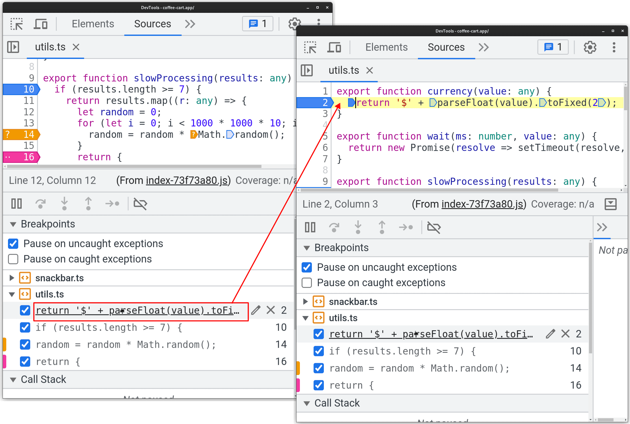 Ve a la ubicación del código fuente en el editor de código.