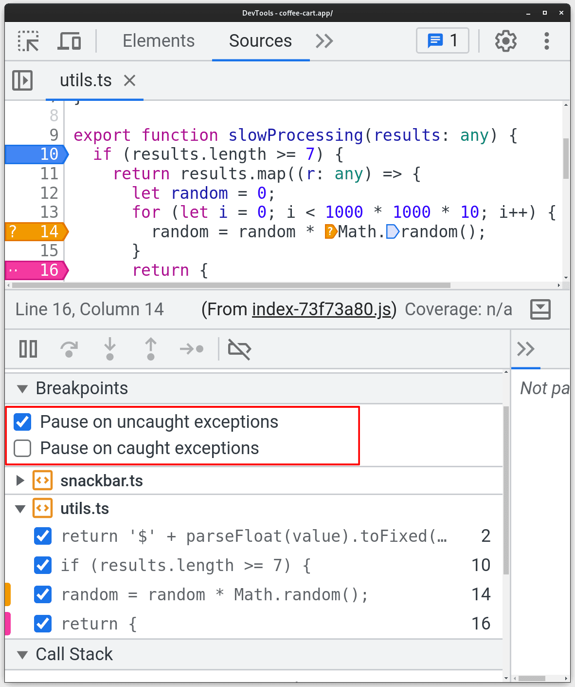 Metti in pausa sulle eccezioni rilevate e non rilevate.