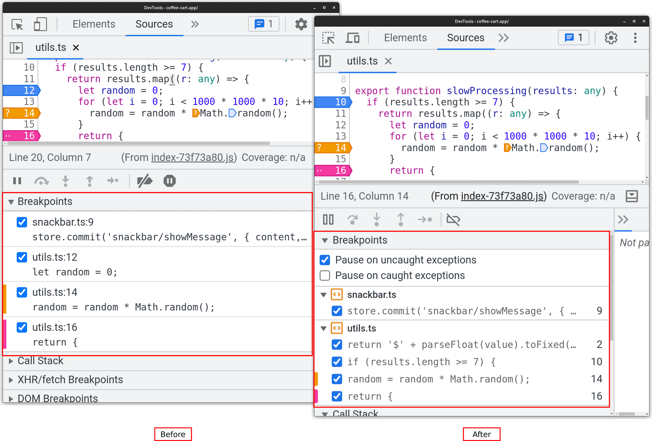 The old and new breakpoint sidebar pane side-by-side.