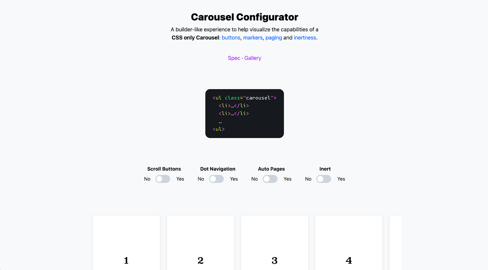 Capture d'écran du site Web du configurateur montrant un extrait de code HTML d'une liste simple. Sous le code HTML se trouvent quatre boutons: boutons de défilement, navigation par points, pages automatiques et inertie. Sous les commutateurs se trouve une liste de fiches, prêtes à être ajoutées à l'offre de commutateurs.