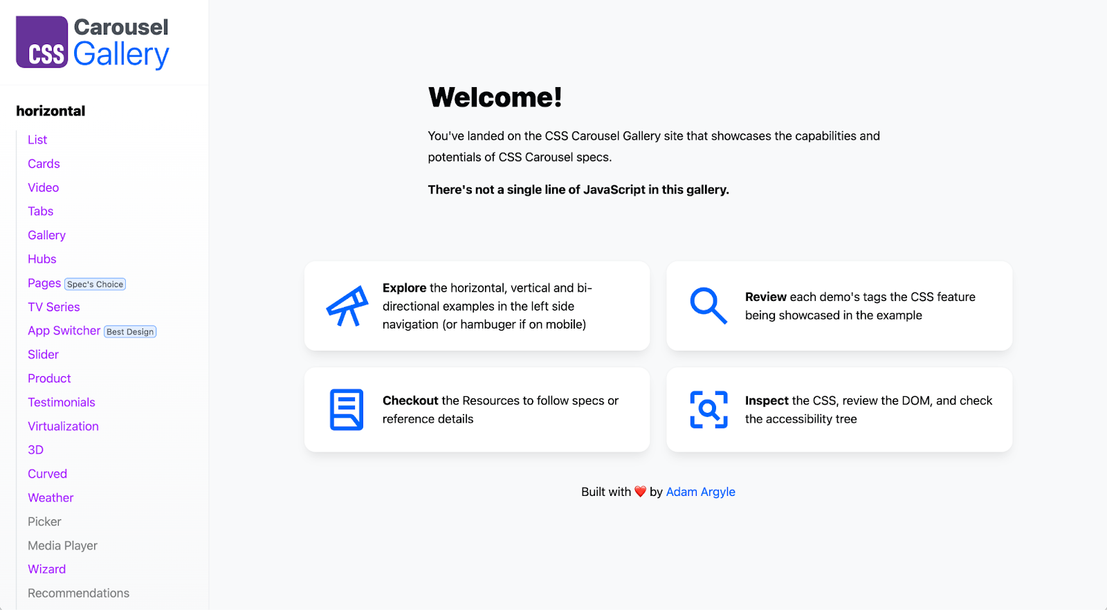 A screenshot of the landing page for the carousel gallery. Has a welcome header, some information about the site, and a list of carousel examples as links.