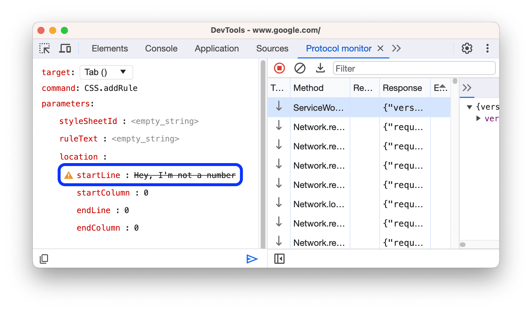 Ein Fehlersymbol neben einem Parameter mit einem falschen Wert.