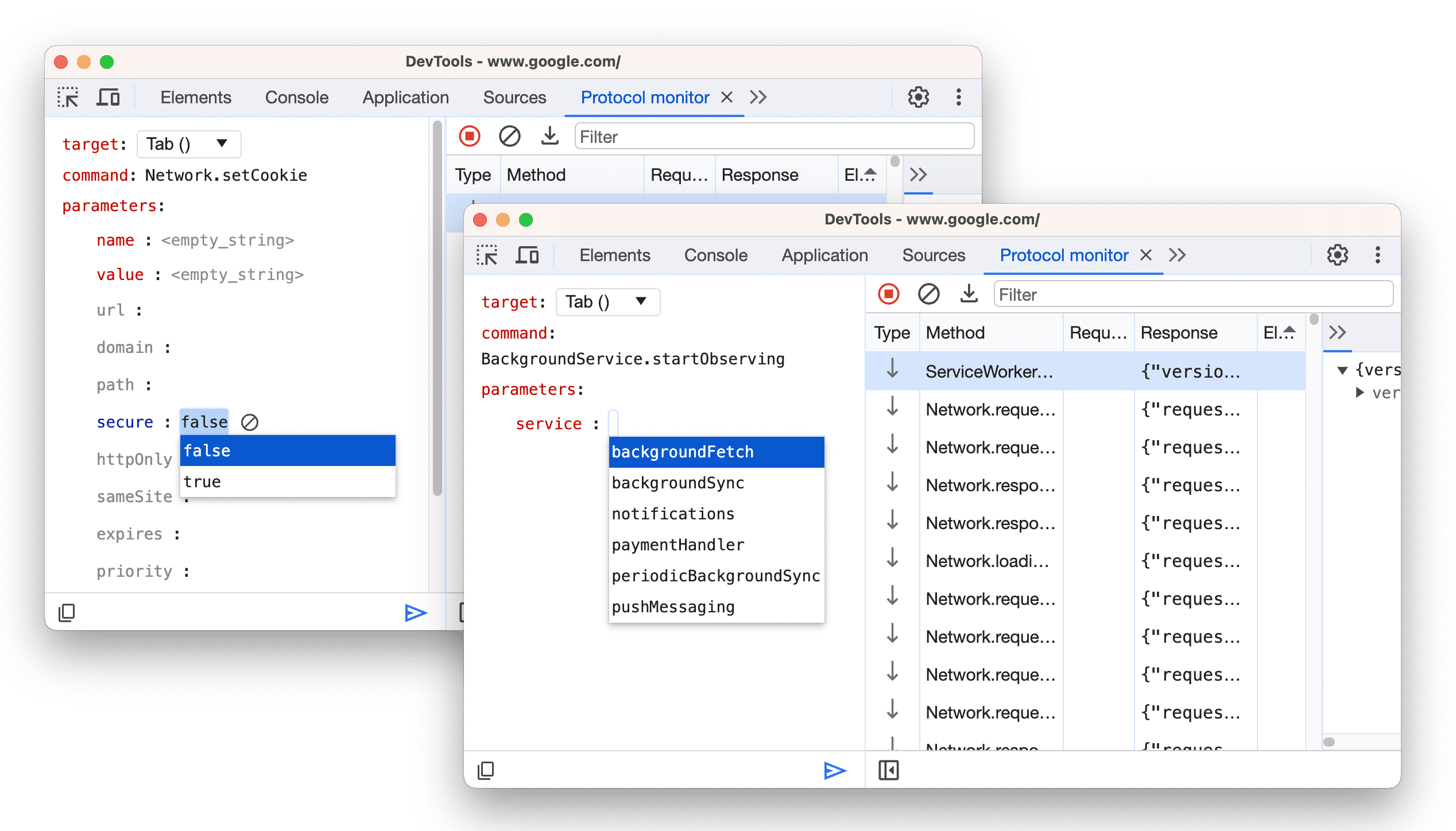 Os menus suspensos booleano e tipo enumerado.