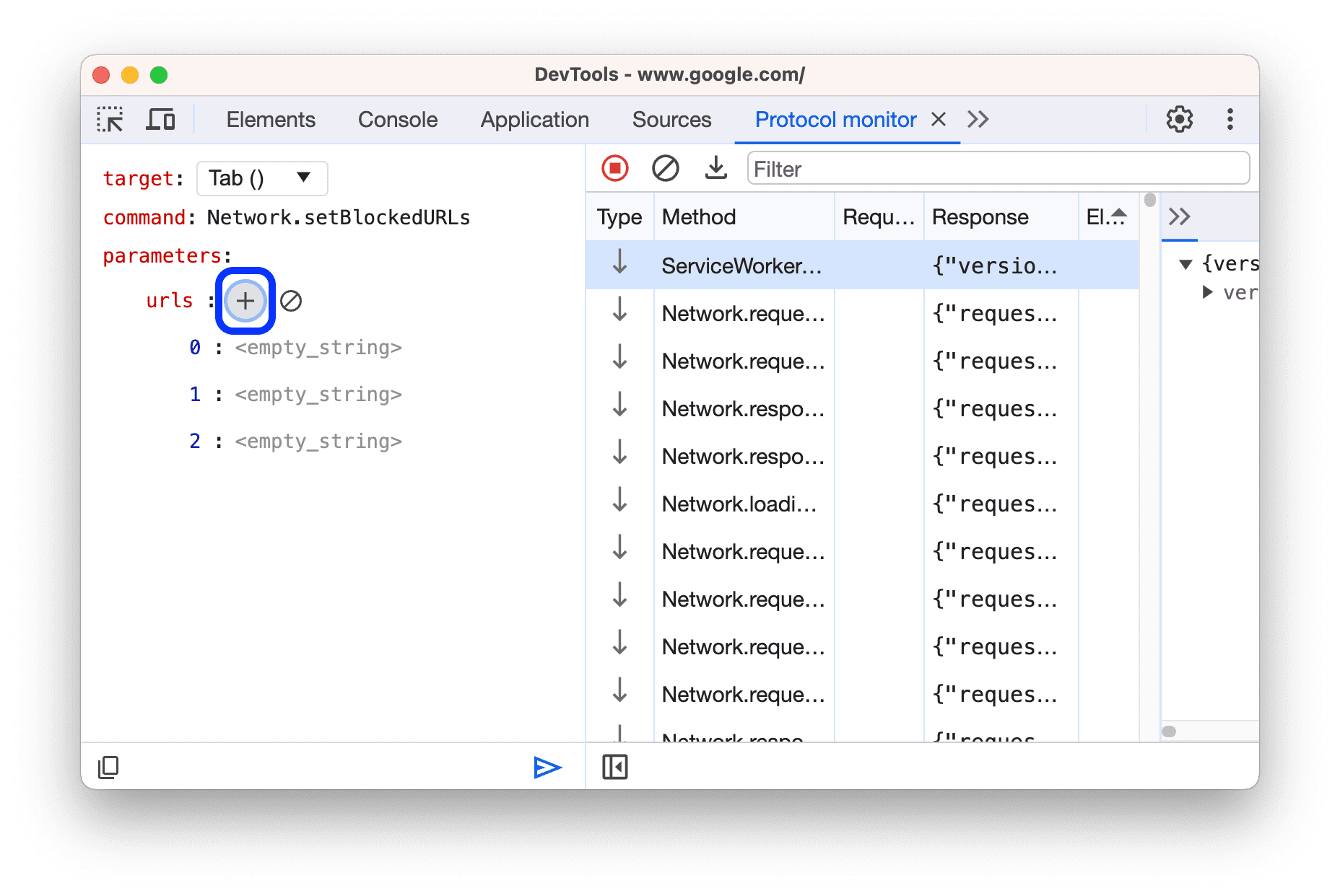 O botão "+" que adiciona um item de matriz.