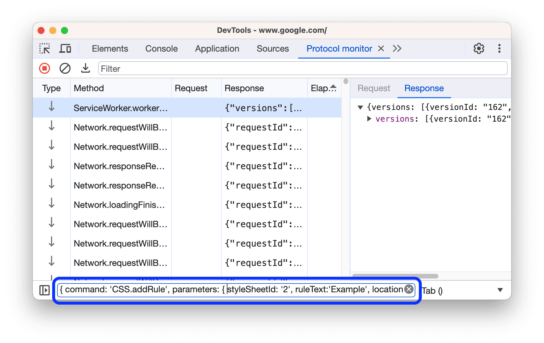 Panel command line di bagian bawah Protocol Monitor.